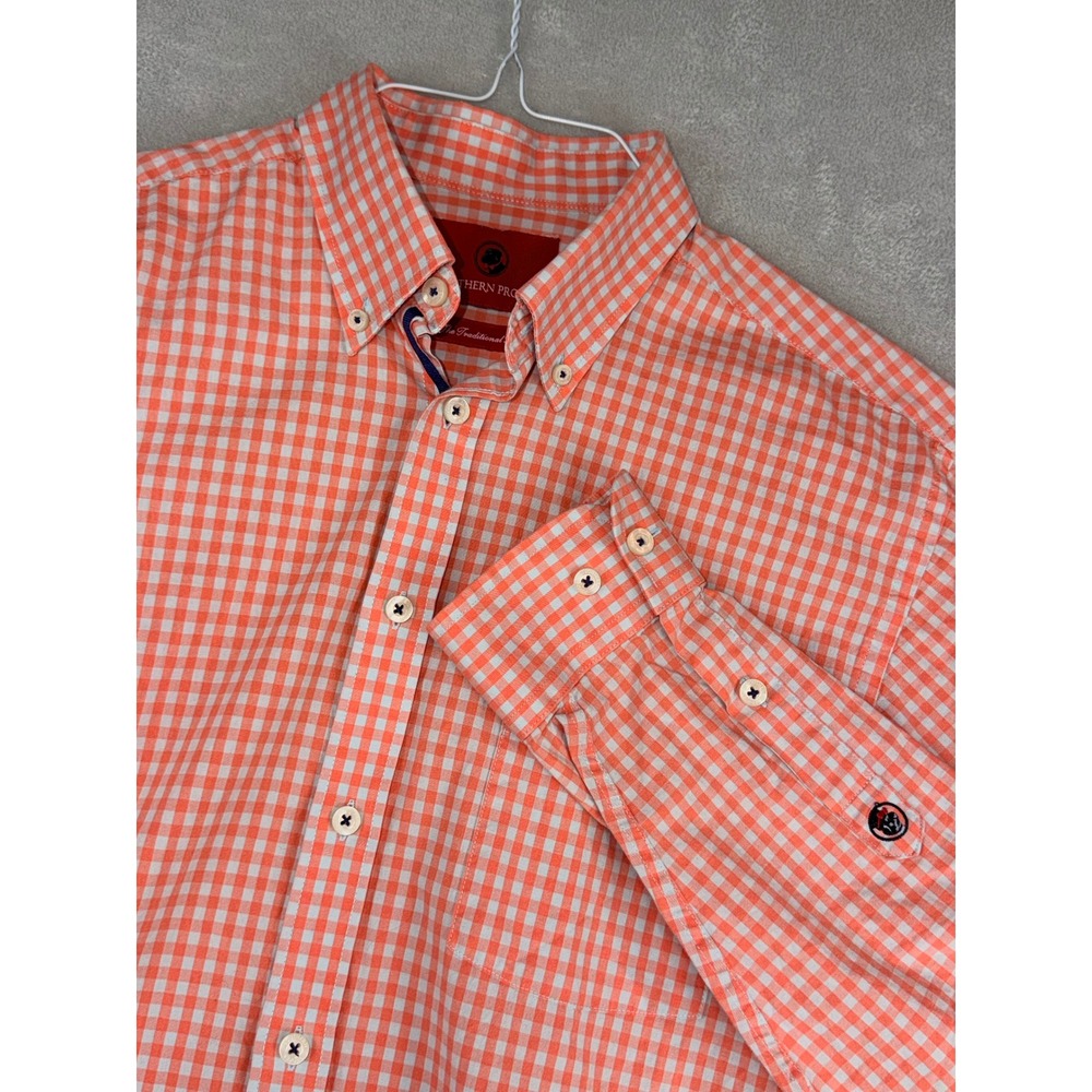 Southern Proper Mens Medium Orange Gingham Button Down Shirt Traditional Fit MED